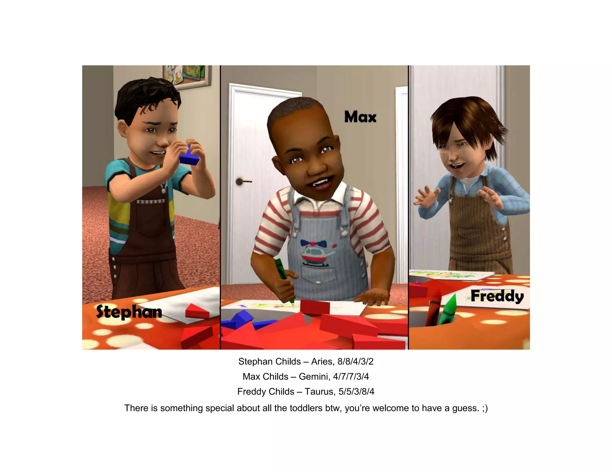 Stephan Childs – Aries, 8/8/4/3/2
                            Max Childs – Gemini, 4/7/7/3/4
                           Freddy Childs – Taurus, 5/5/3/8/4
There is something special about all the toddlers btw, you’re welcome to have a guess. ;)
 