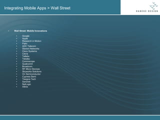 Integrating Mobile Apps > Wall Street Wall Street: Mobile Innovations Google Apple Research in Motion Palm ADC Telecom Starent Networks Cisco Systems Ciena Tellabs Tekelec Commscope Qualcomm Broadcom RF Micro Devices Skyworks Solutions On Semiconductor Cypress Semi Tessera Tech SanDisk NetLogic Xilinix 