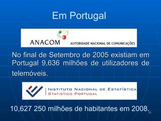 No final de Setembro de 2005 existiam em Portugal 9,636 milhões de utilizadores de telemóveis.   10,627 250 milhões de habitantes em 2008. Em Portugal  