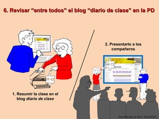 6. Revisar “entre todos” el blog “diario de clase” en la PD
1. Resumir la clase en el blog
diario de clase
2. Presentarlo ...