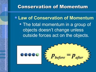 Conservation of Momentum Law of Conservation of Momentum The total momentum in a group of objects doesn’t change unless outside forces act on the objects. p before  = p after 