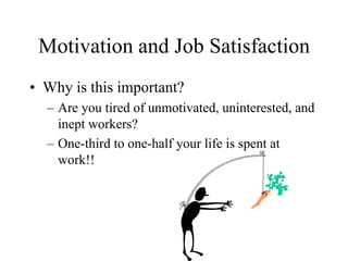 Motivation and Job Satisfaction Why is this important? Are you tired of unmotivated, uninterested, and inept workers?   One-third to one-half your life is spent at work!! 