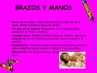 BRAZOS Y MANOS Dorso en la mano:  Acariciamos la parte superior de la mano, desde la muñeca hacia los dedos. Círculos en la muñeca:  Dibujamos circulitos pequeños alrededor de toda la muñeca. Vaciado sueco:  Desde la muñeca hacia el hombro, una mano después de la otra. Podemos continuar hacia el pecho y la espalda. Rodamientos:  Hacemos rodar varias veces el brazo del bebé entre nuestras manos, desde el hombro hacia la muñeca. Integración:  De los dos brazos, pecho, abdomen, piernas y pies. 