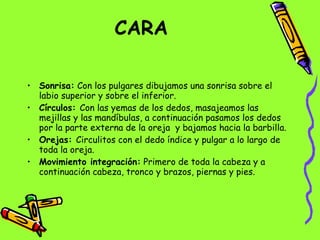 CARA   Sonrisa:  Con los pulgares dibujamos una sonrisa sobre el labio superior y sobre el inferior. Círculos:  Con las yemas de los dedos, masajeamos las mejillas y las mandíbulas, a continuación pasamos los dedos por la parte externa de la oreja  y bajamos hacia la barbilla. Orejas:  Circulitos con el dedo índice y pulgar a lo largo de toda la oreja. Movimiento integración:  Primero de toda la cabeza y a continuación cabeza, tronco y brazos, piernas y pies. 