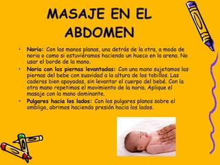MASAJE EN EL ABDOMEN Noria:  Con las manos planas, una detrás de la otra, a modo de noria o como si estuviéramos haciendo un hueco en la arena. No usar el borde de la mano. Noria con las piernas levantadas:  Con una mano sujetamos las piernas del bebe con suavidad a la altura de los tobillos. Las caderas bien apoyadas, sin levantar el cuerpo del bebé. Con la otra mano repetimos el movimiento de la noria. Aplique el masaje con la mano dominante. Pulgares hacia los lados:  Con los pulgares planos sobre el ombligo, abrimos haciendo presión hacia los lados. 