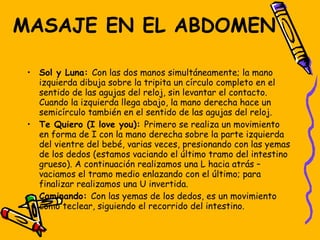 MASAJE EN EL ABDOMEN Sol y Luna:  Con las dos manos simultáneamente; la mano izquierda dibuja sobre la tripita un círculo completo en el sentido de las agujas del reloj, sin levantar el contacto. Cuando la izquierda llega abajo, la mano derecha hace un semicírculo también en el sentido de las agujas del reloj. Te Quiero (I love you):  Primero se realiza un movimiento en forma de I con la mano derecha sobre la parte izquierda del vientre del bebé, varias veces, presionando con las yemas de los dedos (estamos vaciando el último tramo del intestino grueso). A continuación realizamos una L hacia atrás – vaciamos el tramo medio enlazando con el último; para finalizar realizamos una U invertida. Caminando:  Con las yemas de los dedos, es un movimiento como teclear, siguiendo el recorrido del intestino. 