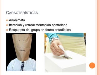 CaracterísticasAnonimatoIteración y retroalimentación controladaRespuesta del grupo en forma estadística