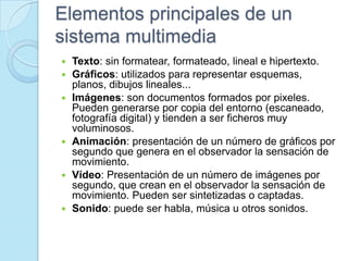 Elementos principales de un sistema multimediaTexto: sin formatear, formateado, lineal e hipertexto.Gráficos: utilizados para representar esquemas, planos, dibujos lineales...Imágenes: son documentos formados por pixeles. Pueden generarse por copia del entorno (escaneado, fotografía digital) y tienden a ser ficheros muy voluminosos. Animación: presentación de un número de gráficos por segundo que genera en el observador la sensación de movimiento. Vídeo: Presentación de un número de imágenes por segundo, que crean en el observador la sensación de movimiento. Pueden ser sintetizadas o captadas. Sonido: puede ser habla, música u otros sonidos. 