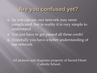 Are you confused yet?As you can see, our network may seem complicated, but in reality it is very simple to understand.You just have to get passed all those cords!Hopefully you have a better understanding of our network.*All pictures and diagrams property of Sacred Heart Catholic School.