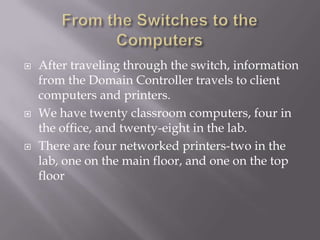 From the Switches to the ComputersAfter traveling through the switch, information from the Domain Controller travels to client computers and printers.We have twenty classroom computers, four in the office, and twenty-eight in the lab.There are four networked printers-two in the lab, one on the main floor, and one on the top floor