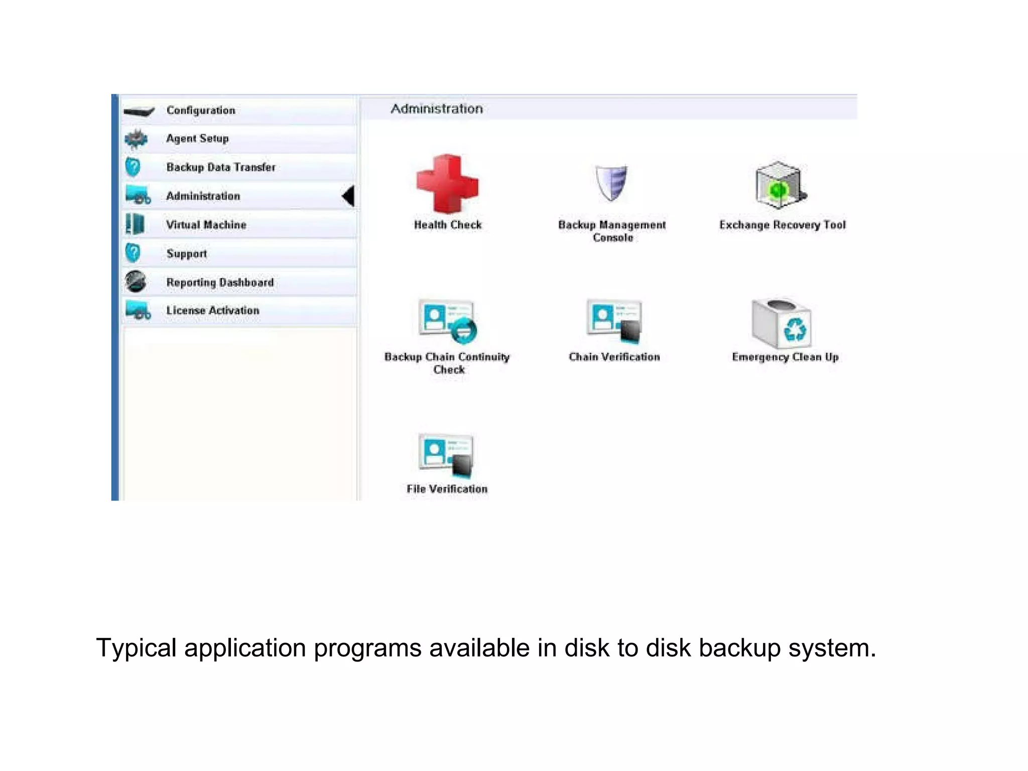 Typical application programs available in disk to disk backup system.  