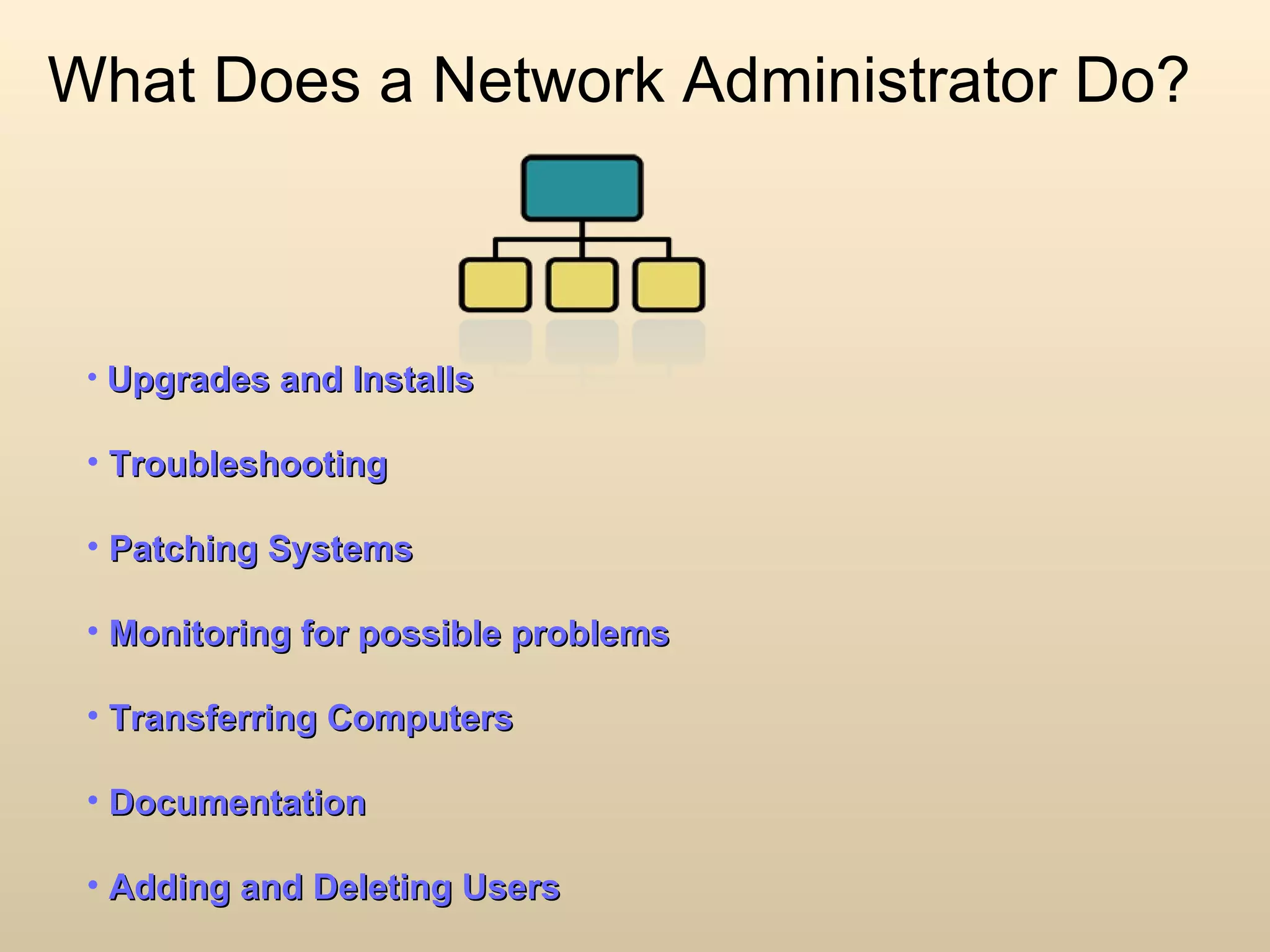 What Does a Network Administrator Do? Upgrades and Installs Troubleshooting Patching Systems Monitoring for possible problems Transferring Computers Documentation Adding and Deleting Users 