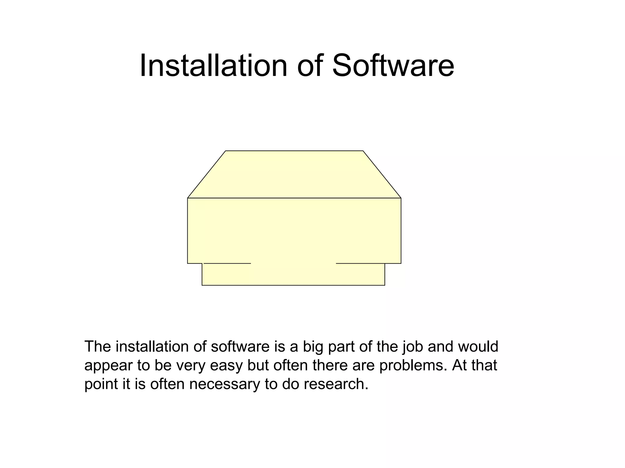 Installation of Software The installation of software is a big part of the job and would appear to be very easy but often there are problems. At that point it is often necessary to do research. 