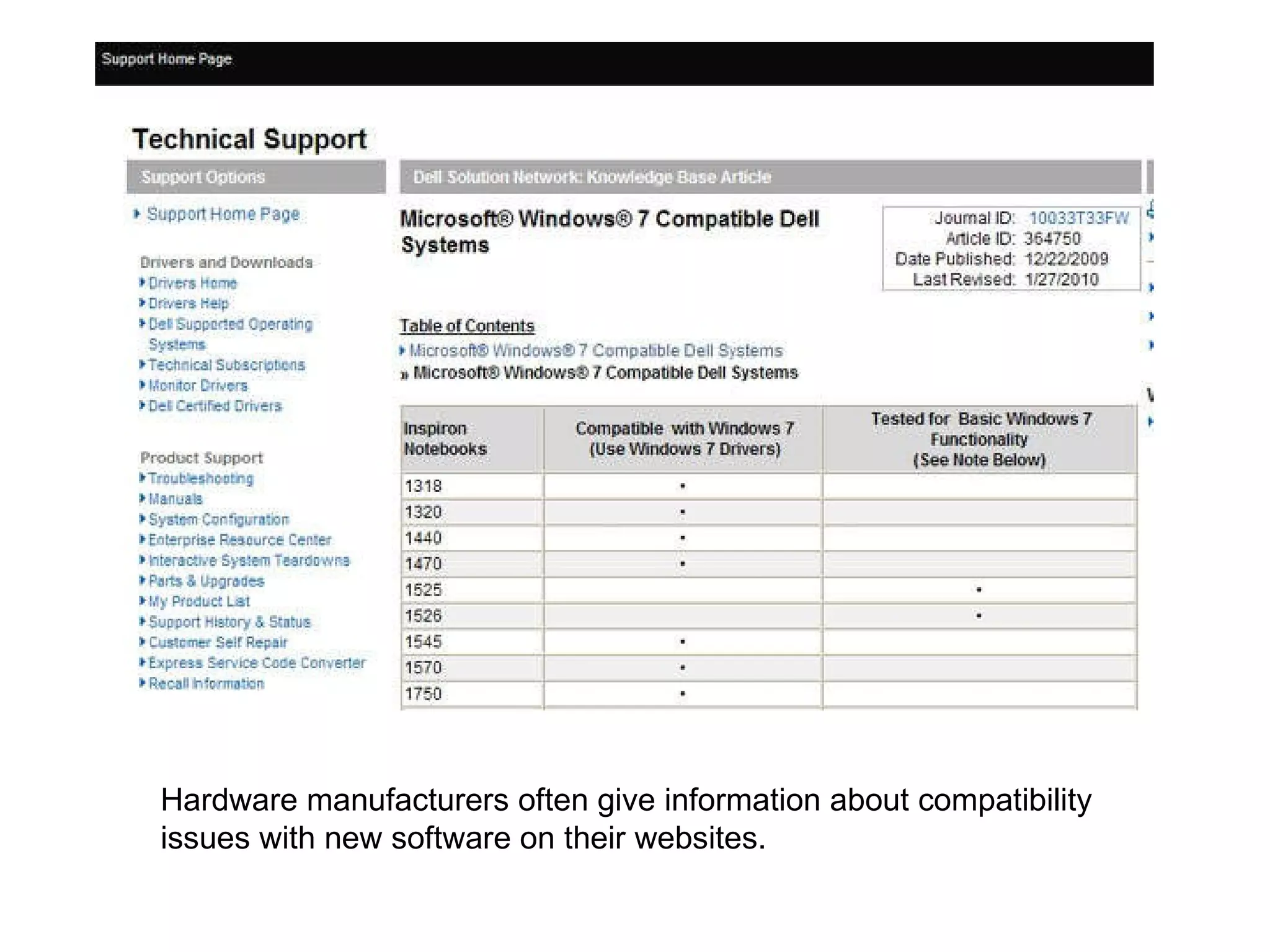 Hardware manufacturers often give information about compatibility issues with new software on their websites.  