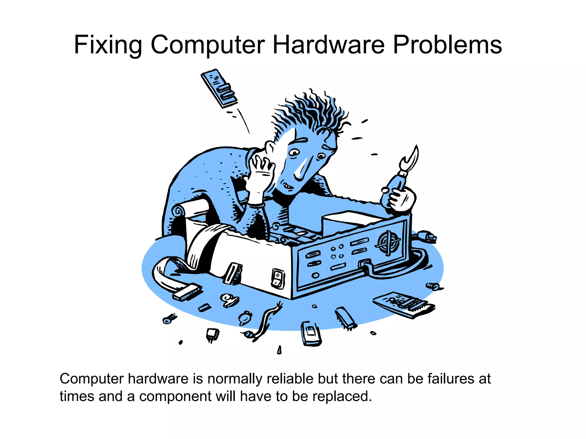Fixing Computer Hardware Problems Computer hardware is normally reliable but there can be failures at times and a component will have to be replaced. 
