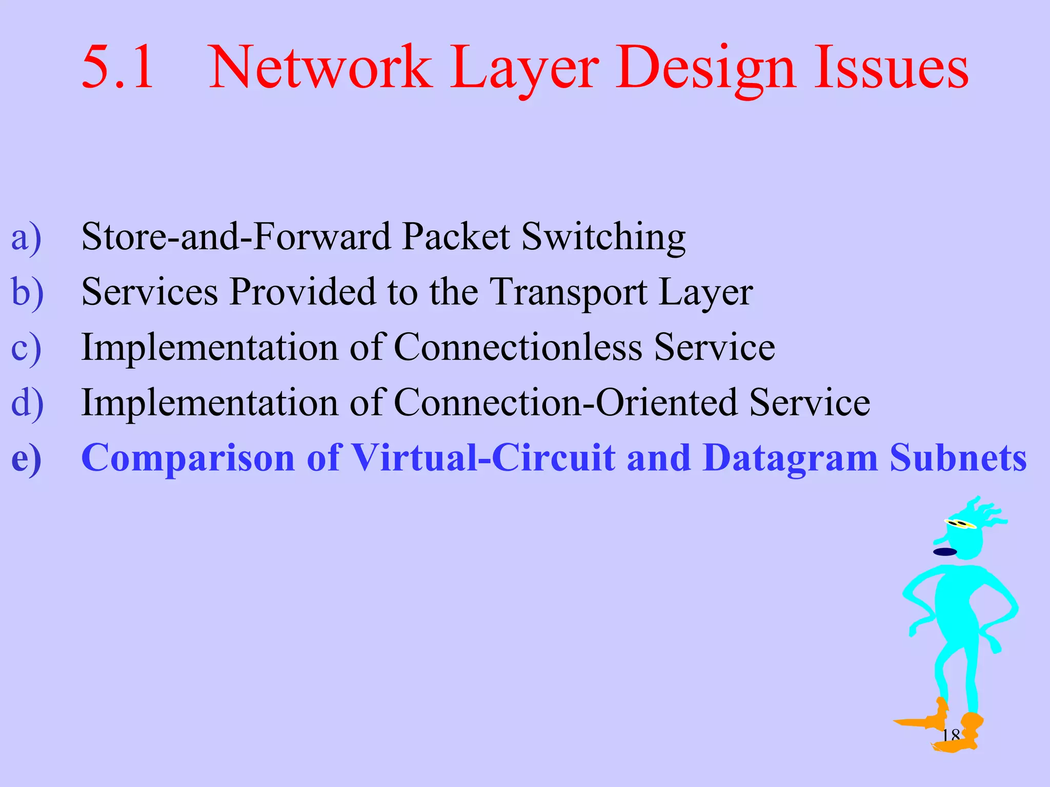 5.1  Network Layer Design Issues Store-and-Forward Packet Switching Services Provided to the Transport Layer Implementation of Connectionless Service Implementation of Connection-Oriented Service Comparison of Virtual-Circuit and Datagram Subnets 