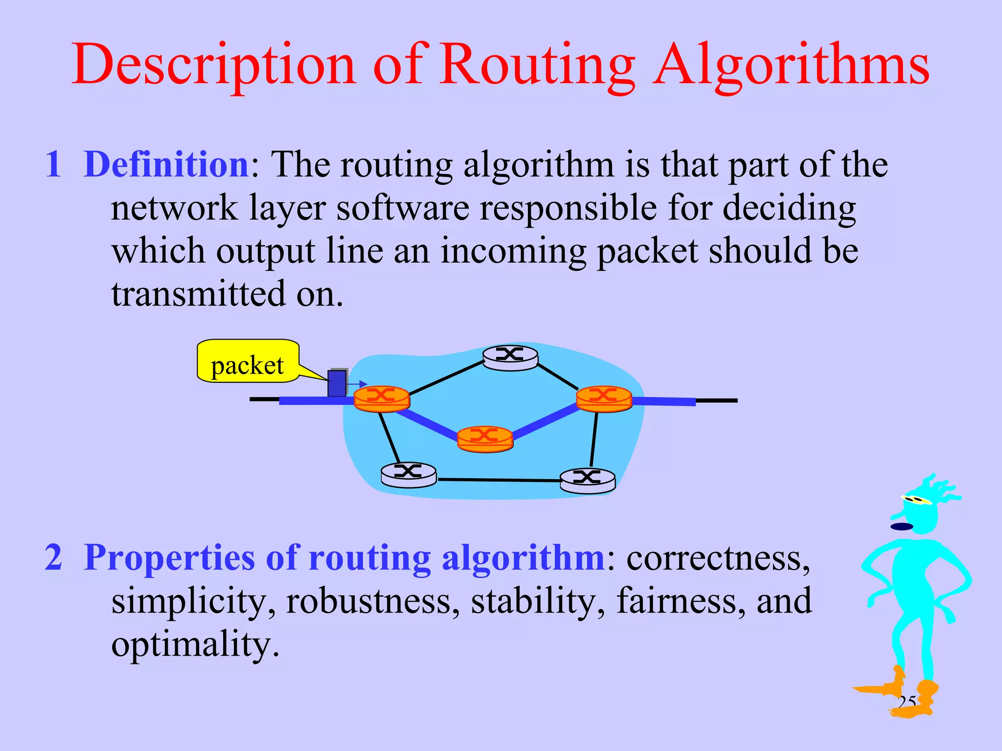 Description of Routing Algorithms 1  Definition : The routing algorithm is that part of the network layer software responsible for deciding which output line an incoming packet should be transmitted on.  2  Properties of routing algorithm : correctness, simplicity, robustness, stability, fairness, and optimality.  packet 