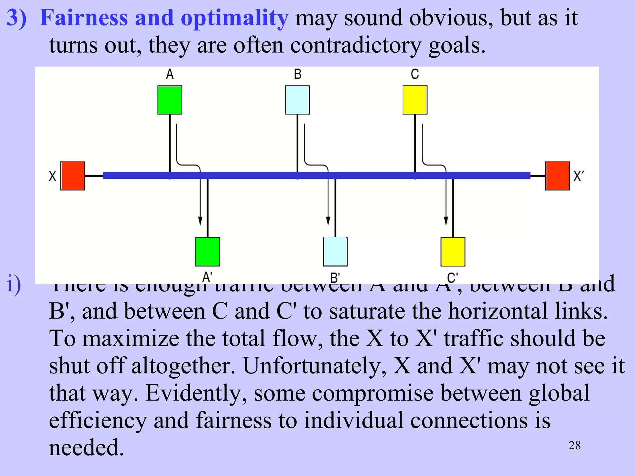 3)  Fairness and optimality  may sound obvious, but as it turns out, they are often contradictory goals.  There is enough traffic between A and A', between B and B', and between C and C' to saturate the horizontal links. To maximize the total flow, the X to X' traffic should be shut off altogether. Unfortunately, X and X' may not see it that way. Evidently, some compromise between global efficiency and fairness to individual connections is needed.  