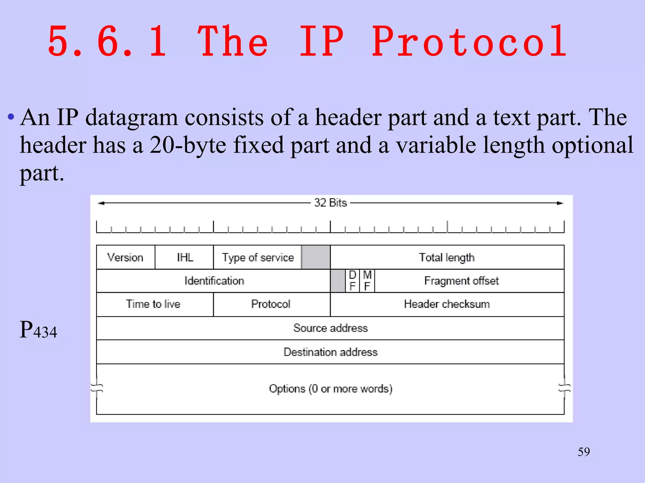 5.6.1 The IP Protocol  An IP datagram consists of a header part and a text part. The header has a 20-byte fixed part and a variable length optional part.  P 434 