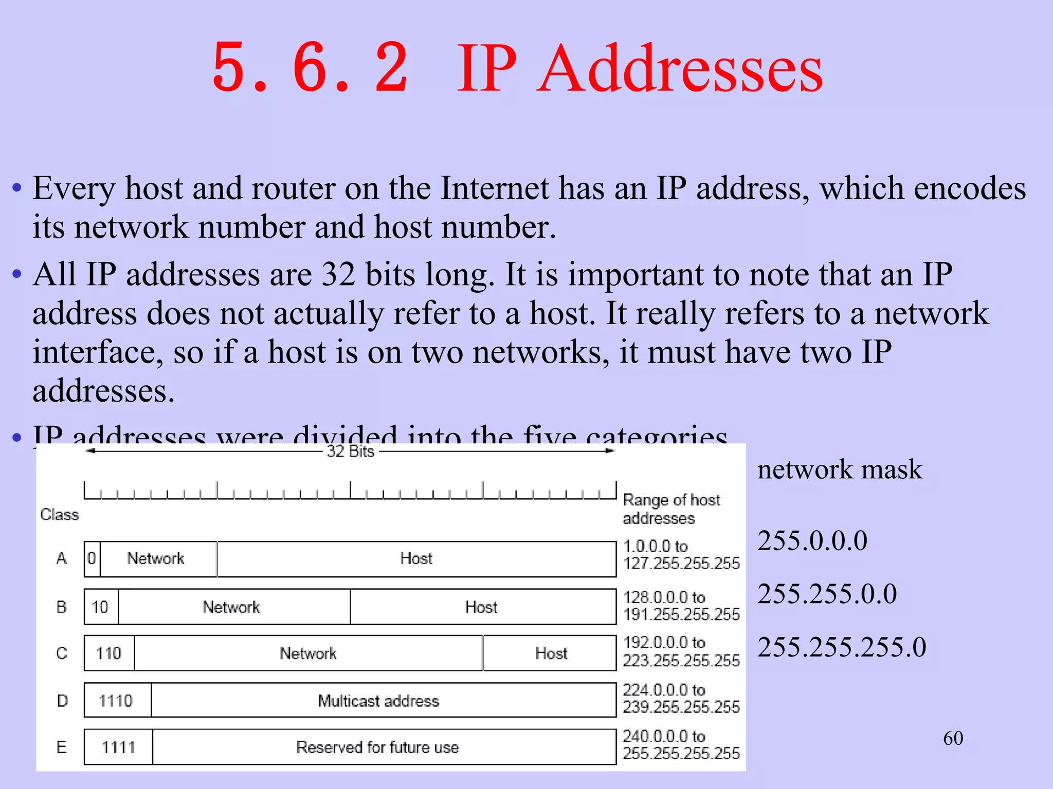 5.6.2  IP Addresses  Every host and router on the Internet has an IP address, which encodes its network number and host number.  All IP addresses are 32 bits long. It is important to note that an IP address does not actually refer to a host. It really refers to a network interface, so if a host is on two networks, it must have two IP addresses.  IP addresses were divided into the five categories  network mask 255.0.0.0 255.255.0.0 255.255.255.0 
