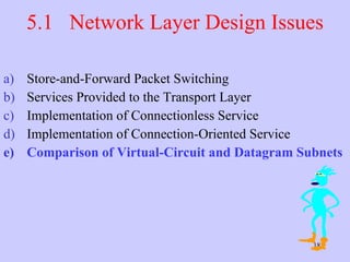 5.1  Network Layer Design Issues Store-and-Forward Packet Switching Services Provided to the Transport Layer Implementation of Connectionless Service Implementation of Connection-Oriented Service Comparison of Virtual-Circuit and Datagram Subnets 