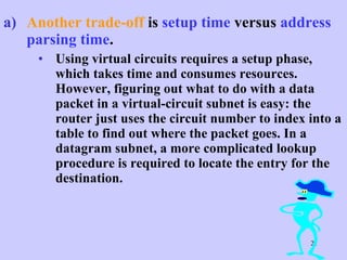 Another trade-off  is  setup time  versus  address parsing time .  Using virtual circuits requires a setup phase, which takes time and consumes resources. However, figuring out what to do with a data packet in a virtual-circuit subnet is easy: the router just uses the circuit number to index into a table to find out where the packet goes. In a datagram subnet, a more complicated lookup procedure is required to locate the entry for the destination.  