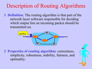 Description of Routing Algorithms 1  Definition : The routing algorithm is that part of the network layer software responsible for deciding which output line an incoming packet should be transmitted on.  2  Properties of routing algorithm : correctness, simplicity, robustness, stability, fairness, and optimality.  packet 