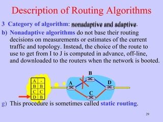 Description of Routing Algorithms 3  Category of algorithm : nonadaptive and adaptive.  Nonadaptive algorithms  do not base their routing decisions on measurements or estimates of the current traffic and topology. Instead, the choice of the route to  use to get from I to J is computed in advance, off-line,  and downloaded to the routers when the network is booted. This procedure is sometimes called  static routing .  nonadaptive and adaptive A B C D A - B B C C D B 