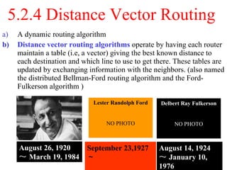 5.2.4 Distance Vector Routing  A dynamic routing algorithm  Distance vector routing algorithms  operate by having each router maintain a table (i.e, a vector) giving the best known distance to each destination and which line to use to get there. These tables are updated by exchanging information with the neighbors. (also named the distributed Bellman-Ford routing algorithm and the Ford-Fulkerson algorithm ) August 26, 1920 ～ March 19, 1984 September 23,1927 ～ August 14, 1924 ～ January 10, 1976 Lester Randolph Ford NO PHOTO Delbert Ray Fulkerson NO PHOTO 