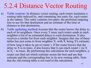 5.2.4 Distance Vector Routing Table content:  In distance vector routing, each router maintains a routing table indexed by, and containing one entry for, each router in the subnet. This entry contains two parts: the preferred outgoing line to use for that destination and an estimate of the time or distance to that destination.  Table updating method :Assume that the router knows the delay to each of its neighbors. Once every T msec each router sends to each neighbor a list of its estimated delays to each destination. It also receives a similar list from each neighbor. Imagine that one of these tables has just come in from neighbor X, with X i  being X's estimate of how long it takes to get to router i. If the router knows that the delay to X is m msec, it also knows that it can reach router i via X in X i  + m msec. By performing this calculation for each neighbor, a router can find out which estimate seems the best and use that estimate and the corresponding line in its new routing table. Note that the old routing table is not used in the calculation.  