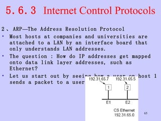 5.6.3  Internet Control Protocols 2 、 ARP — The Address Resolution Protocol Most hosts at companies and universities are attached to a LAN by an interface board that only understands LAN addresses.  The question : How do IP addresses get mapped onto data link layer addresses, such as Ethernet?  Let us start out by seeing how a user on host 1 sends a packet to a user on host 2.  