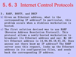 5.6.3  Internet Control Protocols 3 、 RARP, BOOTP, and DHCP Given an Ethernet address, what is the corresponding IP address? In particular, this problem occurs when a diskless workstation is booted.  The first solution devised was to use RARP (Reverse Address Resolution Protocol). This protocol allows a newly-booted workstation to broadcast its Ethernet address and say: My 48-bit Ethernet address is 14.04.05.18.01.25. Does anyone out there know my IP address? The RARP server sees this request, looks up the Ethernet address in its configuration files, and sends back the corresponding IP address.  