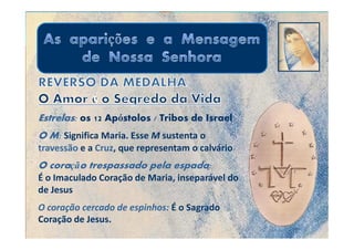 Estrelas: os 12 Apóstolos / Tribos de Israel
O M: Significa Maria. Esse M sustenta o
travessão e a Cruz, que representam o calvário
O coração trespassado pela espada:
É o Imaculado Coração de Maria, inseparável do
de Jesus
O coração cercado de espinhos: É o Sagrado
Coração de Jesus.
 