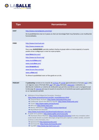Tipo                                                Herramientas 

CHAT           http://www.crearwebgratis.com/chat/ 
   ...
