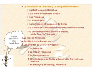 La Restricción de Derechos
Las Pesquisas
La RestricciLa Restriccióón de Derechos y La Bn de Derechos y La Búúsqueda de Pruebassqueda de Pruebas
El Allanamiento
La Exhibición e Incautación de Bienes
El Control de Identidad Policial
El Control de Comunicaciones y Documentos Privados
El Impedimento de Salida y Suspensión Preventiva de
Derechos
El Embargo y El Desalojo Preventivo
La Comparecencia
La Prisión Preventiva
Navega
Presionando
Click
En cada Tema
El Levantamiento del Secreto Bancario
y de la Reserva Tributaria
La Prueba Anticipada
Las Medidas de Protección
La Detención
Las Medidas de Coerción Procesal
 