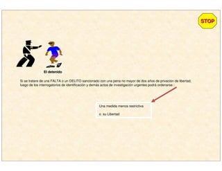 El detenidoEl detenido
Una medida menos restrictiva
o su Libertad
Si se tratare de una FALTA o un DELITO sancionado con una pena no mayor de dos años de privación de libertad,
luego de los interrogatorios de identificación y demás actos de investigación urgentes podrá ordenarse :
STOPSTOP
 