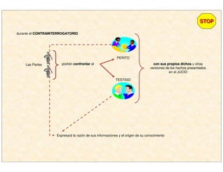 durante el CONTRAINTERROGATORIOCONTRAINTERROGATORIO
STOPSTOP
Las Partes podrán confrontarconfrontar al
PERITO
TESTIGO
con sus propios dichoscon sus propios dichos u otras
versiones de los hechos presentados
en el JUCIO
Expresará la razón de sus informaciones y el origen de su conocimiento
 