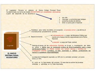 CODIGOCODIGO
PROCESALPROCESAL
PENALPENAL
20042004
D.D. LegLeg. N. Nºº 957957
Separa funciones:
El Legislador Peruano al elaborar el Nuevo Código Procesal Penal
ha determinado una forma de modelo ACUSATORIO con propiedades adversativas
a partir del desarrollo de los derechos a:
ser oído
interrogar y contrainterrogar testigos
presentar prueba de defensa
tener un juicio justo e imparcial.
Establece para todos los delitos, sin excepción, un proceso común y se elimina el
inconstitucional procedimiento sumario
La de persecución a cargo del Ministerio Público que
cuenta con el apoyo técnico especializado de la Policía
Nacional
La decisión a cargo del Poder Judicial.
Delimita el campo de las atribuciones Policiales en lo que a Investigación del delito
se refiere y define que la conducción jurídica de dicha Investigación está a cargo
del Ministerio Público. La Policía cumple una función técnica y científica de
investigación criminal. La Policía , no está autorizada a calificar jurídicamente los
hechos ni a establecer responsabilidades.
La etapa de Investigación equivale a un 30% de la actividad procesal y el Juicio
Oral a un 70%.
El juicio es la fase estelar del proceso. En esta fase se actúan las pruebas
ofrecidas y admitidas en la Fase Intermedia.
EL NUEVOEL NUEVO
SISTEMA PENALSISTEMA PENAL
ACUSATORIOACUSATORIO
 
