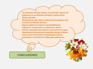 ALBERTO FUJIMORI (1990 -2000) Nació en Lima el 28 de julio de 1938 Obtuvo el grado de Master en Matemática en Francia y EE.UU. Inició su carrera de profesor de la Universidad Agraria en el Departamento de Matemática. Se creó en Instituto Nacional de Defensa de la Competencia y de la    Protección de la Propiedad Intelectual (INDECOPI) a fines de 1992. 