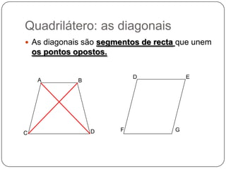 Quadrilátero: as diagonaisAs diagonais são segmentos de rectaque unem os pontos opostos.DEABGFDC