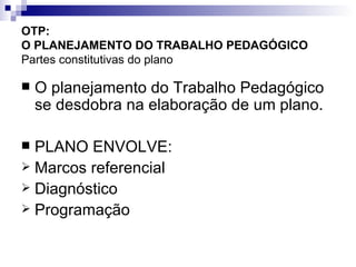 OTP:  O PLANEJAMENTO DO TRABALHO PEDAGÓGICO   Partes constitutivas do plano O planejamento do Trabalho Pedagógico se desdobra na elaboração de um plano. PLANO ENVOLVE: Marcos referencial Diagnóstico Programação 