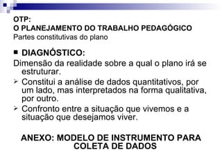 OTP:  O PLANEJAMENTO DO TRABALHO PEDAGÓGICO   Partes constitutivas do plano DIAGNÓSTICO: Dimensão da realidade sobre a qual o plano irá se estruturar. Constitui a análise de dados quantitativos, por um lado, mas interpretados na forma qualitativa, por outro. Confronto entre a situação que vivemos e a situação que desejamos viver. ANEXO: MODELO DE INSTRUMENTO PARA COLETA DE DADOS 