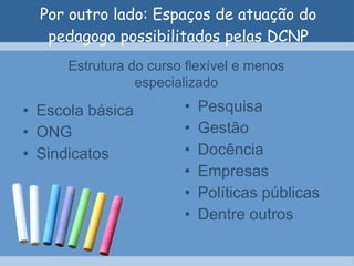 Por outro lado: Espaços de atuação do pedagogo possibilitados pelas DCNP Escola básica ONG Sindicatos Pesquisa Gestão Docência Empresas Políticas públicas Dentre outros Estrutura do curso flexível e menos especializado 