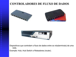 CONTROLADORES DE FLUXO DE DADOS




Dispositivos que controlam o fluxo de dados entre os nós(terminais) de uma
   rede.
Exemplo: Hub, Hub Switch e Roteadores (router).
 