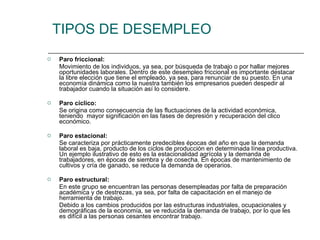 TIPOS DE DESEMPLEO Paro friccional: M ovimiento de los individuos, ya sea, por búsqueda de trabajo o por hallar mejores oportunidades laborales. Dentro de este desempleo friccional es importante destacar la libre elección que tiene el empleado, ya sea, para renunciar de su puesto. En una economía dinámica como la nuestra también los empresarios pueden despedir al trabajador cuando la situación así lo considere. Paro cíclico: Se origina como consecuencia de las fluctuaciones de la actividad económica, teniendo  mayor significación en las fases de depresión y recuperación del clico económico. Paro estacional: Se caracteriza por prácticamente predecibles épocas del año en que la demanda laboral es baja, producto de los ciclos de producción en determinada línea productiva. Un ejemplo ilustrativo de esto es la estacionalidad agrícola y la demanda de trabajadores, en épocas de siembra y de cosecha. En épocas de mantenimiento de cultivos y cría de ganado, se reduce la demanda de operarios. Paro estructural:  En este grupo se encuentran las personas desempleadas por falta de preparación académica y de destrezas, ya sea, por falta de capacitación en el manejo de herramienta de trabajo. Debido a los cambios producidos por las estructuras industriales, ocupacionales y demográficas de la economía, se ve reducida la demanda de trabajo, por lo que les es difícil a las personas cesantes encontrar trabajo. 