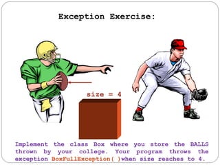 Exception Exercise: size = 4 Implement the class Box where you store the BALLS thrown by your college. Your program throws the exception  BoxFullException( ) when size reaches to 4. 