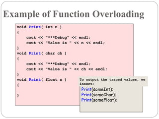 Example of Function Overloading void  Print ( int n ) { cout << "***Debug" << endl; cout << "Value is " << n << endl; } void  Print ( char ch ) { cout << "***Debug" << endl; cout << "Value is " << ch << endl; } void  Print ( float x ) { } Print (someInt); Print (someChar); Print (someFloat); To output the traced values, we insert: 