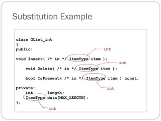 Substitution Example class GList_int { public: void Insert( /* in */ ItemType item ); void Delete( /* in */ ItemType item ); bool IsPresent( /* in */ ItemType item ) const; private: int  length; ItemType data[MAX_LENGTH]; }; int int int int 