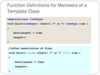 Function Definitions for Members of a Template Class template<class ItemType> void GList< ItemType >::Insert( /* in */  ItemType  item ) { data[length] = item; length++; } //after substitution of float void GList< float >::Insert( /* in */  float  item ) { data[length] = item; length++; } 