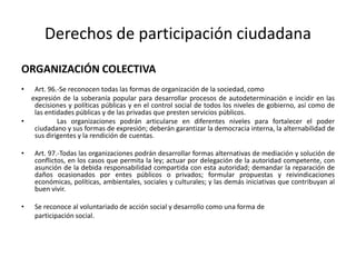 Derechos de participación ciudadanaORGANIZACIÓN COLECTIVAArt. 96.-Se reconocen todas las formas de organización de la sociedad, como      expresión de la soberanía popular para desarrollar procesos de autodeterminación e incidir en las decisiones y políticas públicas y en el control social de todos los niveles de gobierno, así como de las entidades públicas y de las privadas que presten servicios públicos.	Las organizaciones podrán articularse en diferentes niveles para fortalecer el poder ciudadano y sus formas de expresión; deberán garantizar la democracia interna, la alternabilidad de sus dirigentes y la rendición de cuentas.Art. 97.-Todas las organizaciones podrán desarrollar formas alternativas de mediación y solución de conflictos, en los casos que permita la ley; actuar por delegación de la autoridad competente, con asunción de la debida responsabilidad compartida con esta autoridad; demandar la reparación de daños ocasionados por entes públicos o privados; formular propuestas y reivindicaciones económicas, políticas, ambientales, sociales y culturales; y las demás iniciativas que contribuyan al buen vivir.Se reconoce al voluntariado de acción social y desarrollo como una forma de	participación social.